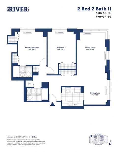 Floor plan for 2 beds, 2 baths, 1187 sqft